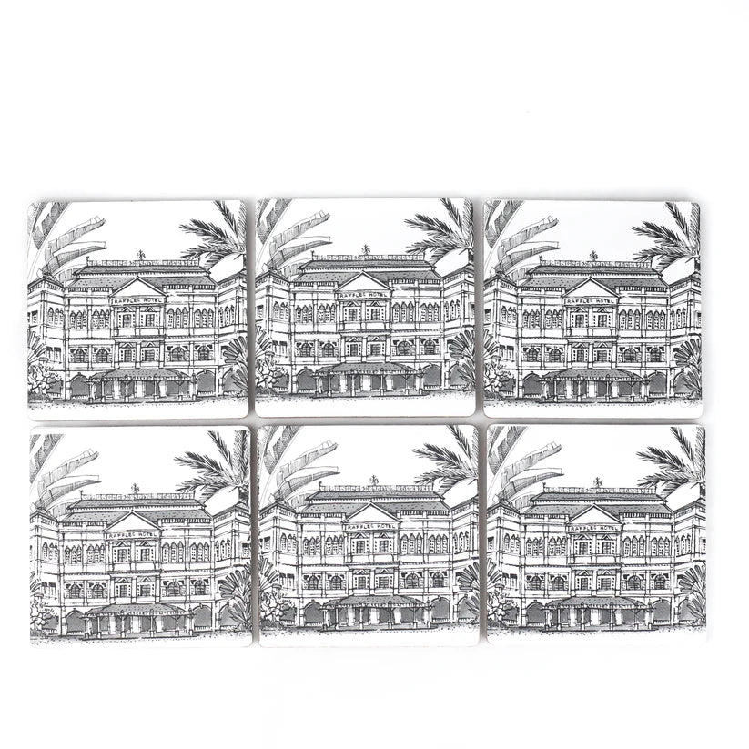 Set of 6 coasters: Singapore's Iconic Raffles Hotel in Black and White