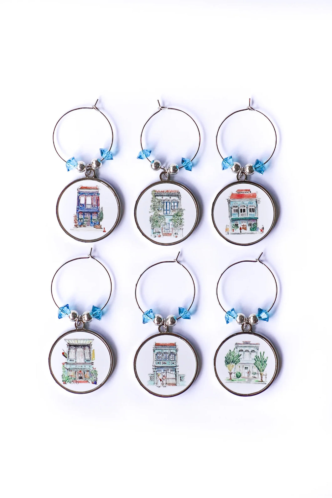 Set of 6: Singapore Shophouse Wine Charms