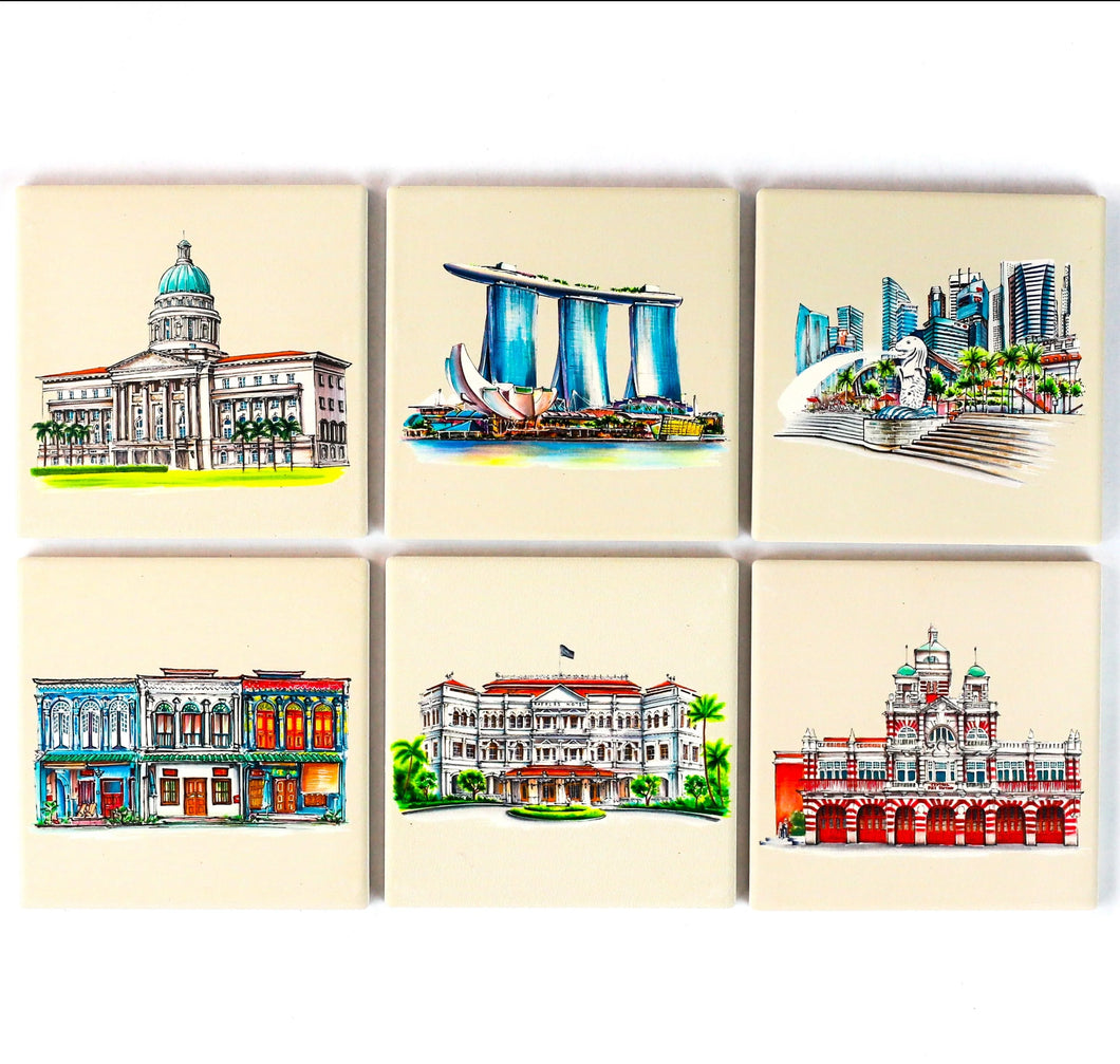 Khaki Absorbent Iconic Singapore Coasters Set of 6
