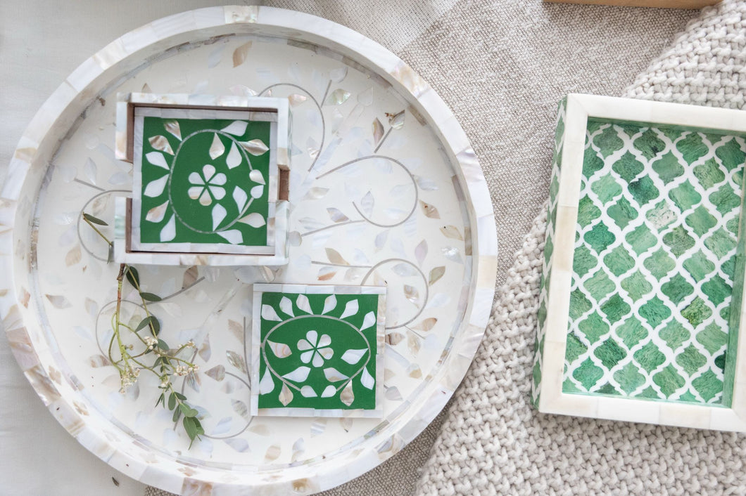Set of 4 Mother of Pearl Inlay coasters With Casing, Botanical Green