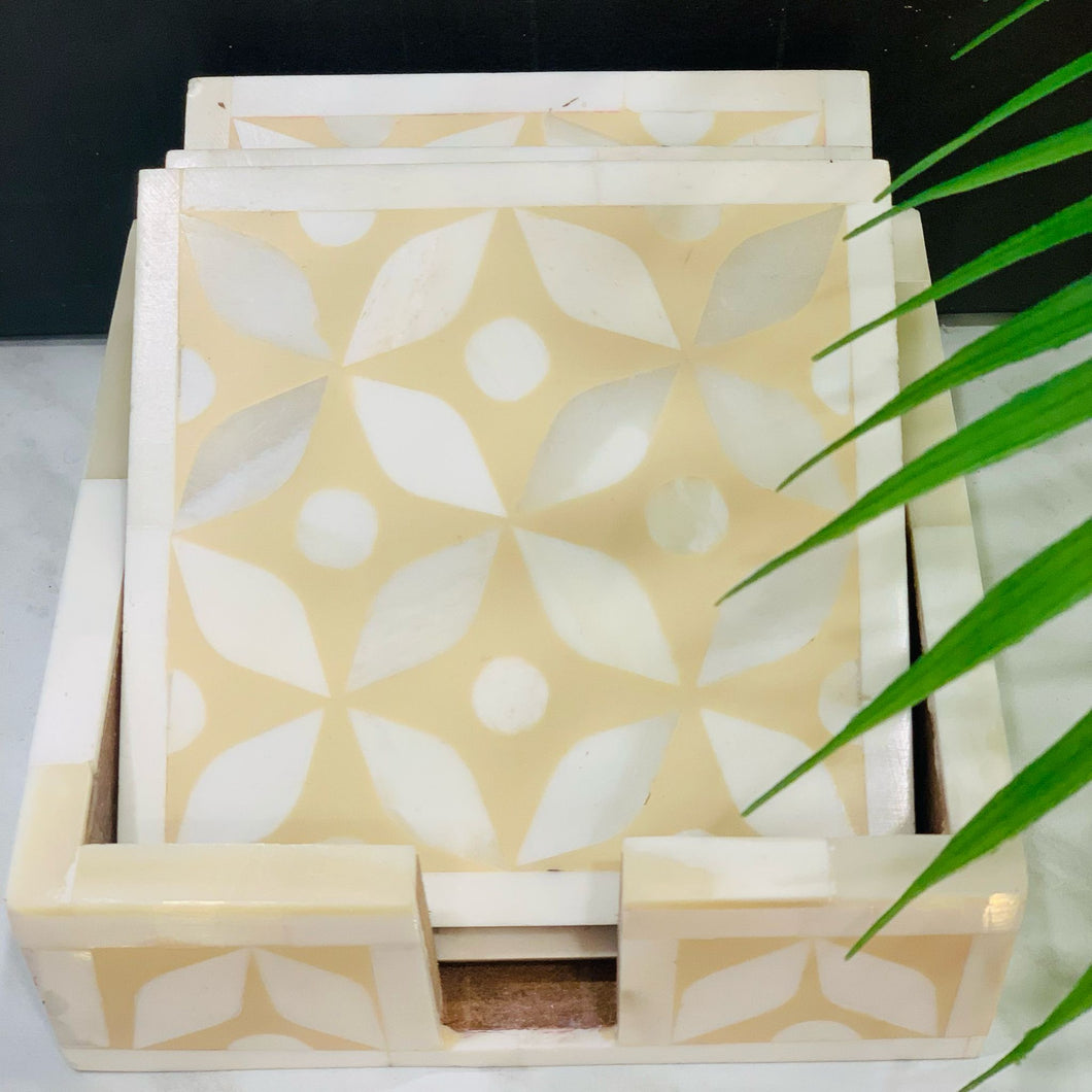 Set of 4 Bone Inlay coasters With Casing, Katong Beige