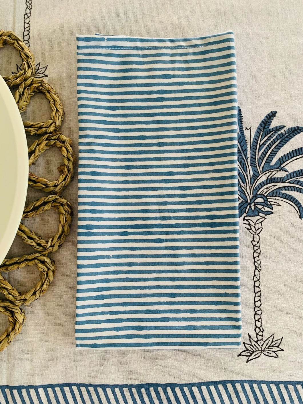 Set of 4 - Blue Block Print Stripe Napkins