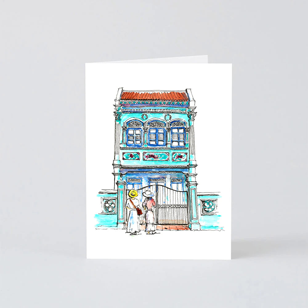 Koon Seng Turquoise Shophouse With 2 Ladies Greeting Card