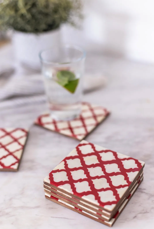 Haji Red Individual Bone Inlay Coasters