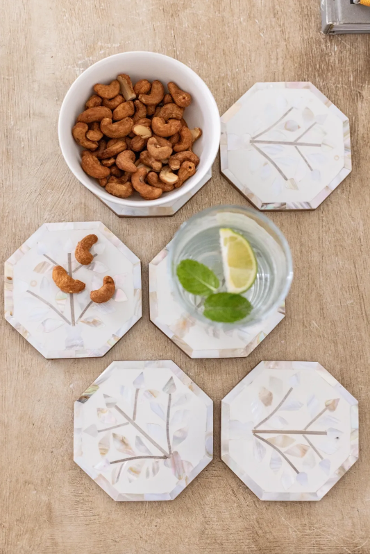 Botanical White Individual Mother of Pearl Inlay Coasters